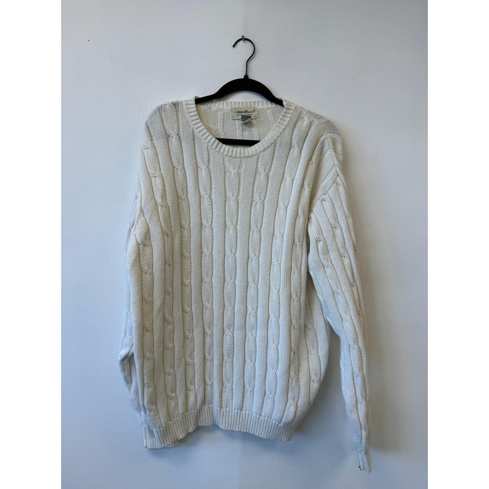 Vintage Eddie Bauer Sweater Large‎ Cream Cable Knit Cotton Crewneck Pullover